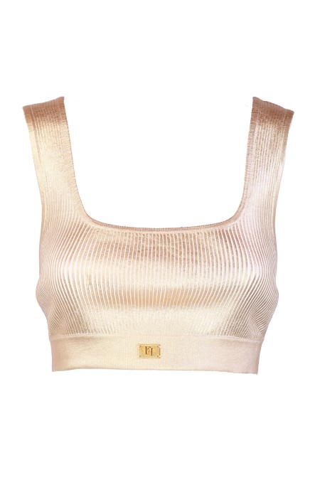 Shop ELISABETTA FRANCHI  Top: Elisabetta Franchi cropped top in laminated viscose.
Ribbed, with square neckline.
Golden metal accessory.
Composition: 72% Viscose 28% Polyester.
Made in Italy.. TK09S42E2-610
